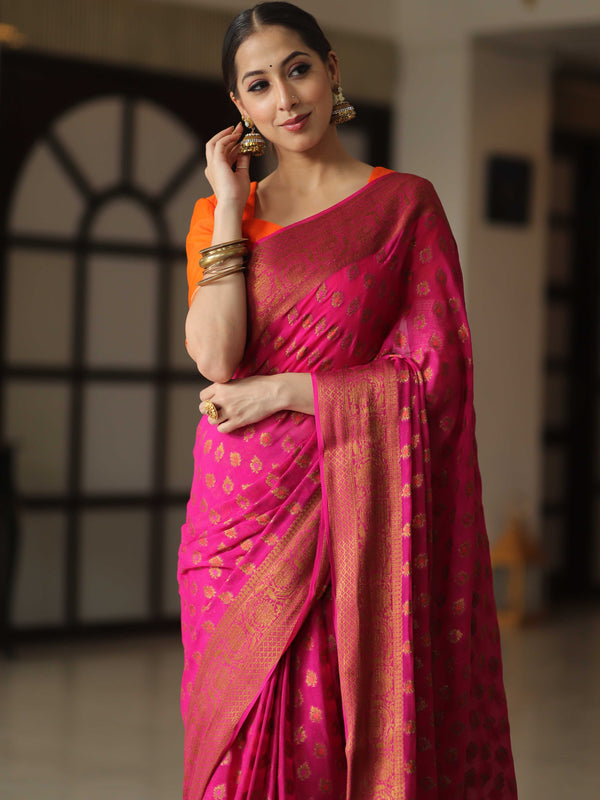 Banarasee Pure Chiffon Silk Saree With Antique Zari Work-Pink