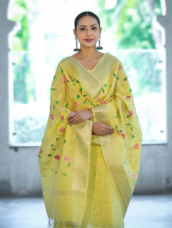 Banarasee Embroidered Linen Cotton Salwar Kameez Fabric With Dupatta Set-Light Yellow