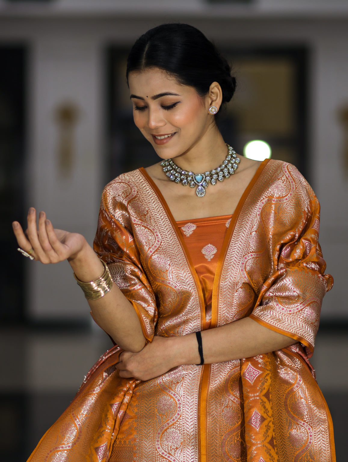 Banarasee Dual Tone Satin Silk Zari Work Salwar Kameez Fabric With Dupatta Set-Rust