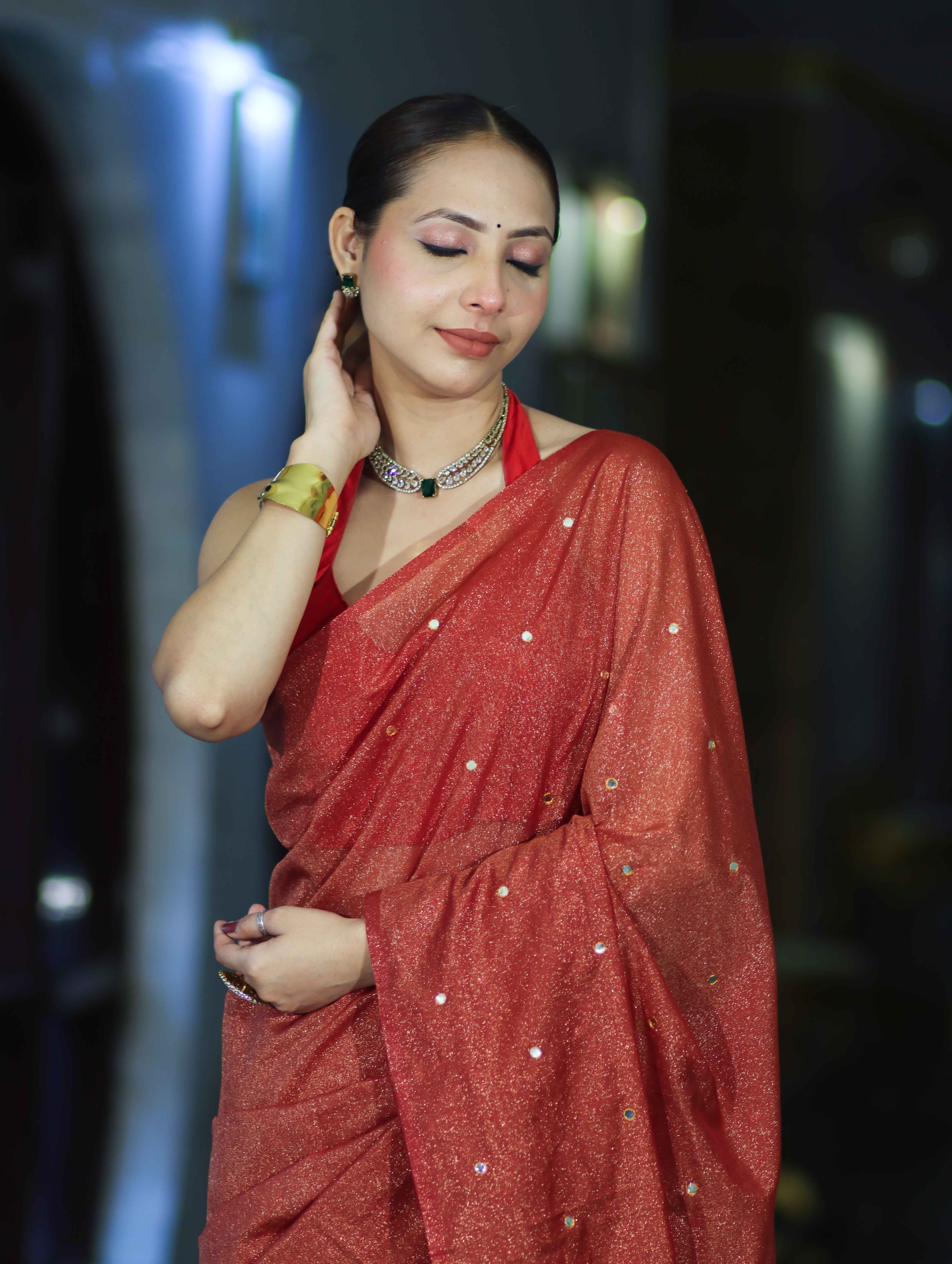Banarasee Handwoven Semi Silk Shine Saree With Mirror Work-Red