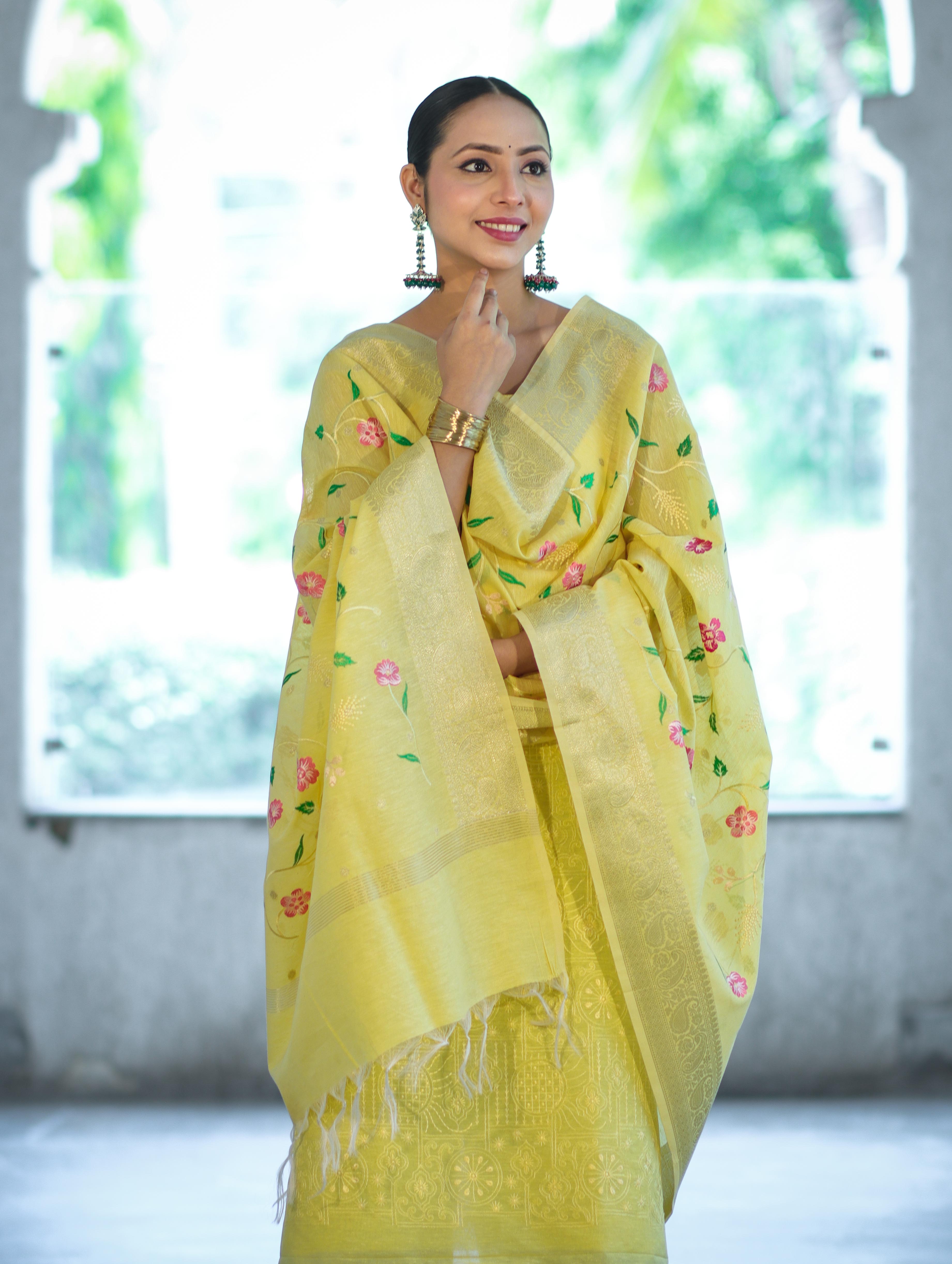 Banarasee Embroidered Linen Cotton Salwar Kameez Fabric With Dupatta Set-Light Yellow
