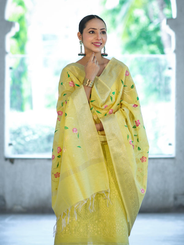 Banarasee Embroidered Linen Cotton Salwar Kameez Fabric With Dupatta Set-Light Yellow