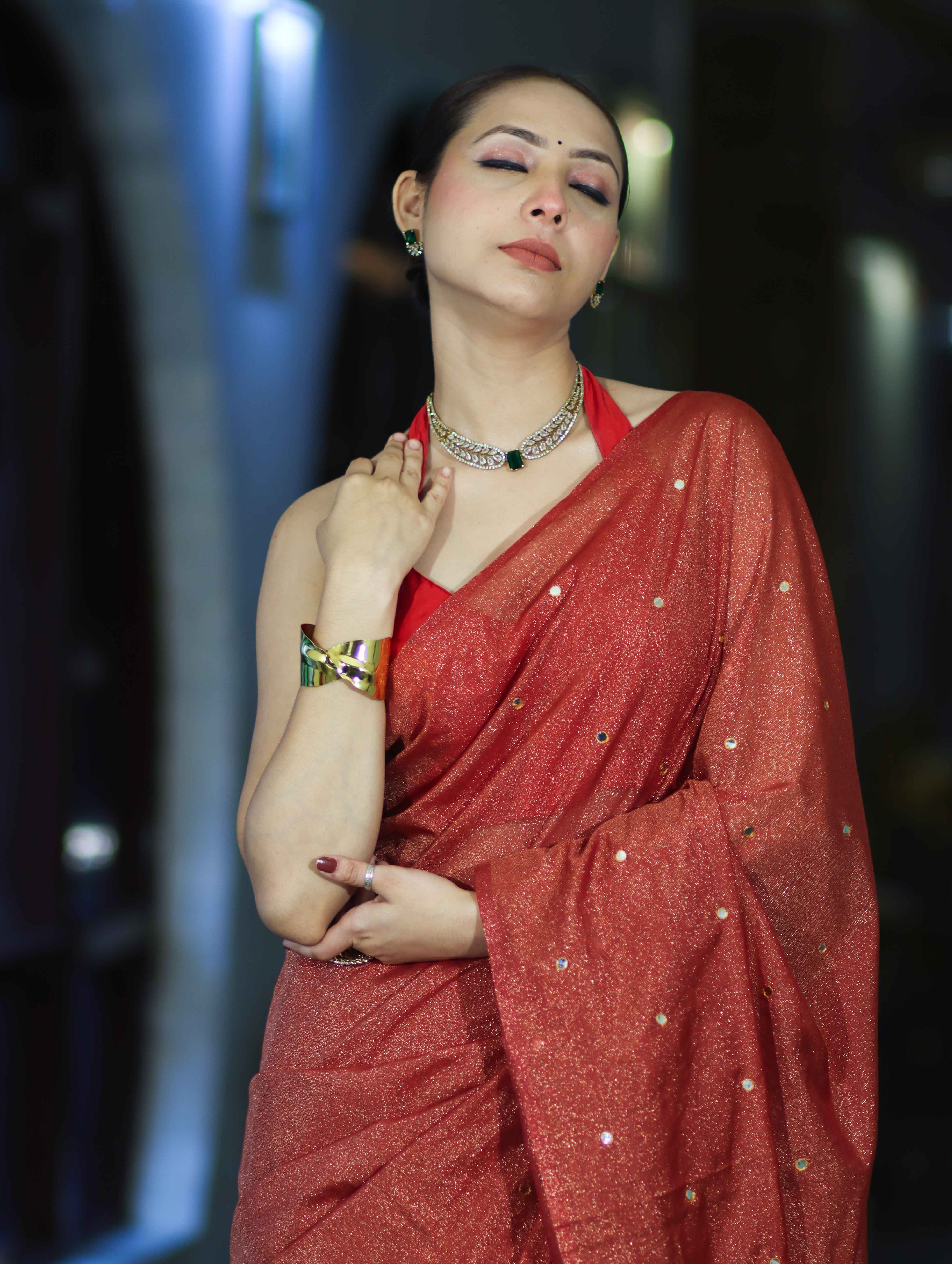 Banarasee Handwoven Semi Silk Shine Saree With Mirror Work-Red