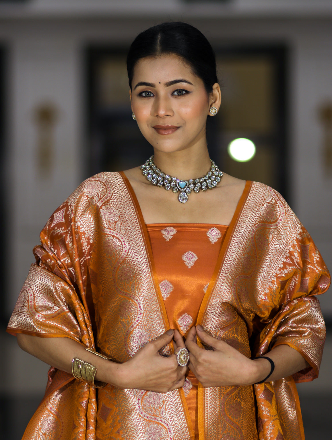 Banarasee Dual Tone Satin Silk Zari Work Salwar Kameez Fabric With Dupatta Set-Rust