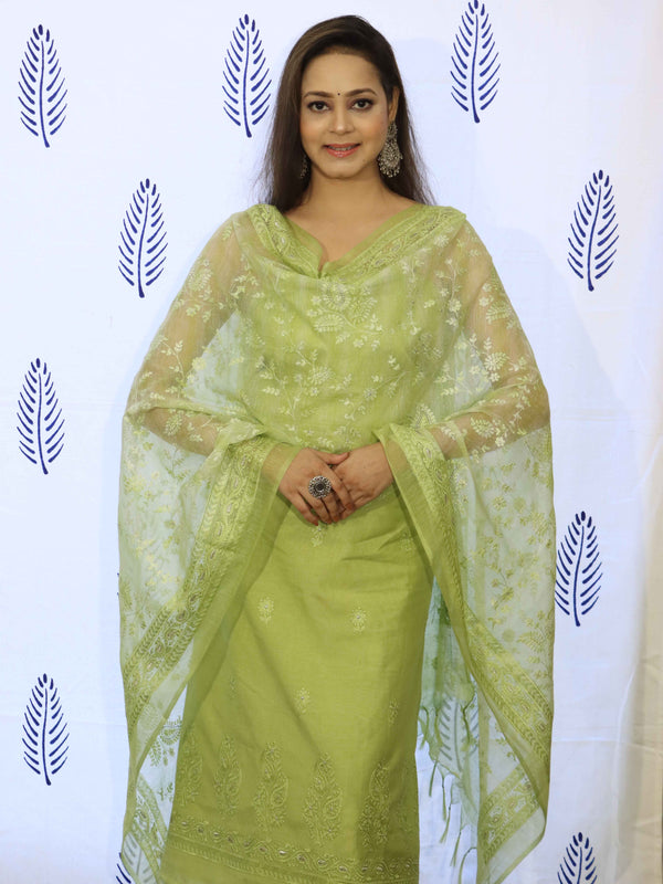 Banarasee Embroidered Chanderi Salwar Kameez With Kota Check Dupatta Set-Light Green