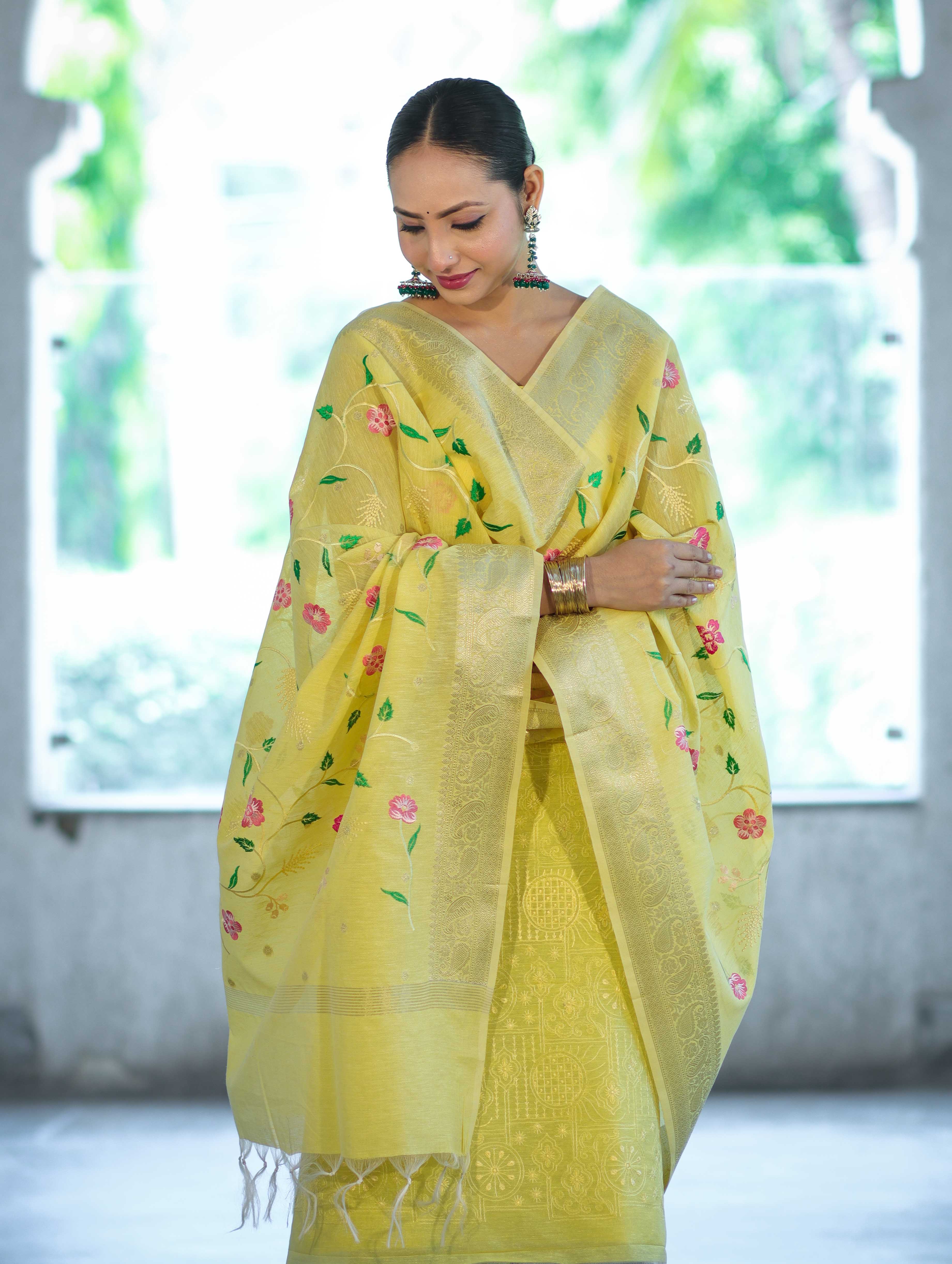 Banarasee Embroidered Linen Cotton Salwar Kameez Fabric With Dupatta Set-Light Yellow
