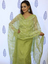 Banarasee Embroidered Chanderi Salwar Kameez With Kota Check Dupatta Set-Light Green