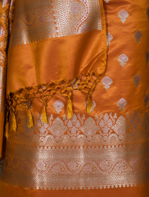 Banarasee Dual Tone Satin Silk Zari Work Salwar Kameez Fabric With Dupatta Set-Rust