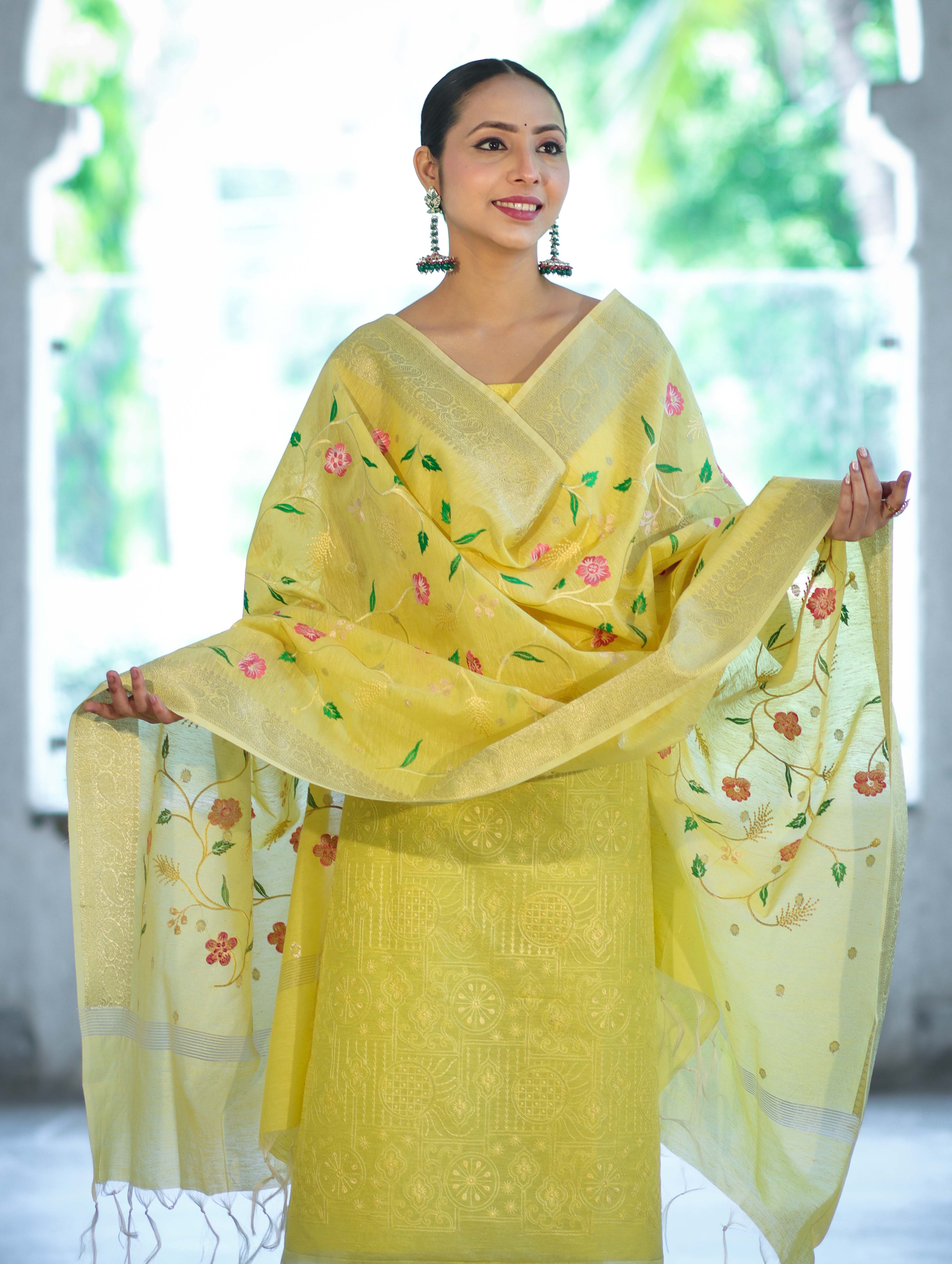 Banarasee Embroidered Linen Cotton Salwar Kameez Fabric With Dupatta Set-Light Yellow