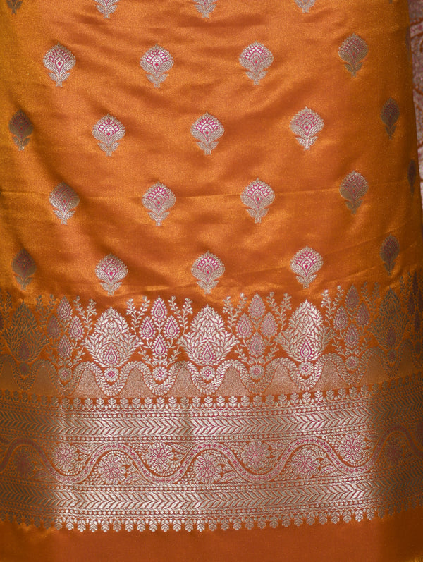 Banarasee Dual Tone Satin Silk Zari Work Salwar Kameez Fabric With Dupatta Set-Rust