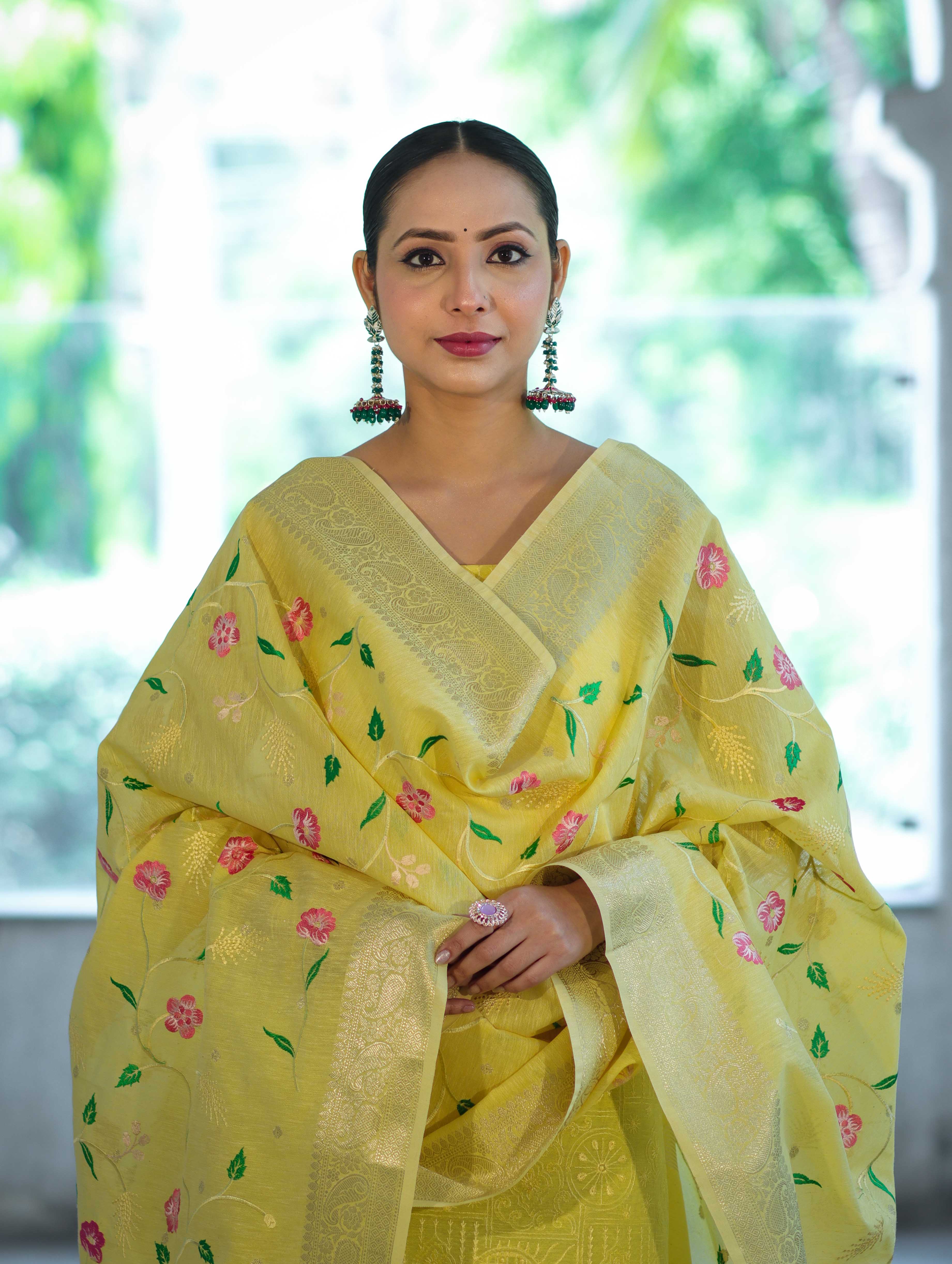 Banarasee Embroidered Linen Cotton Salwar Kameez Fabric With Dupatta Set-Light Yellow