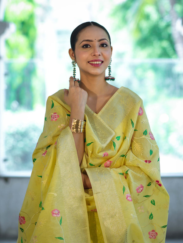 Banarasee Embroidered Linen Cotton Salwar Kameez Fabric With Dupatta Set-Light Yellow