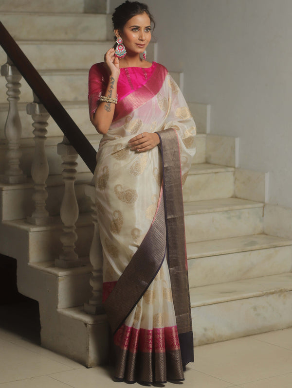 Banarasee Handwoven Semi Silk Saree With Zari Border-White