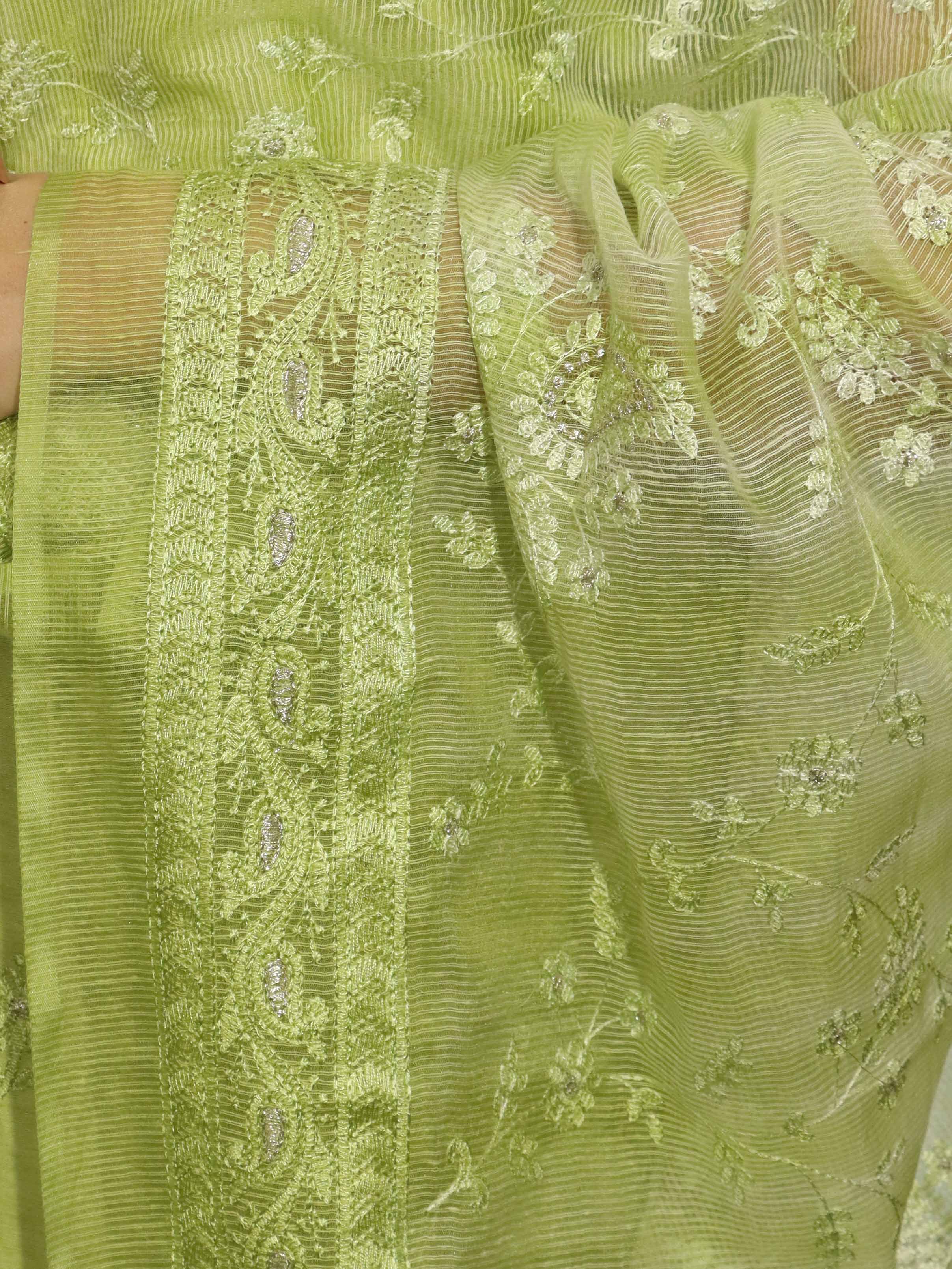 Banarasee Embroidered Chanderi Salwar Kameez With Kota Check Dupatta Set-Light Green