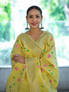Banarasee Embroidered Linen Cotton Salwar Kameez Fabric With Dupatta Set-Light Yellow