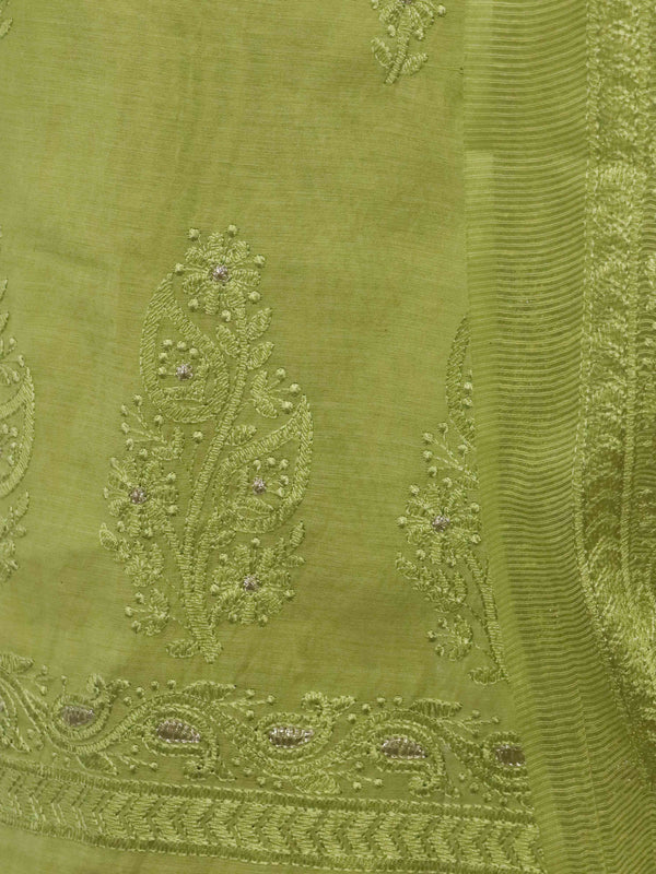 Banarasee Embroidered Chanderi Salwar Kameez With Kota Check Dupatta Set-Light Green