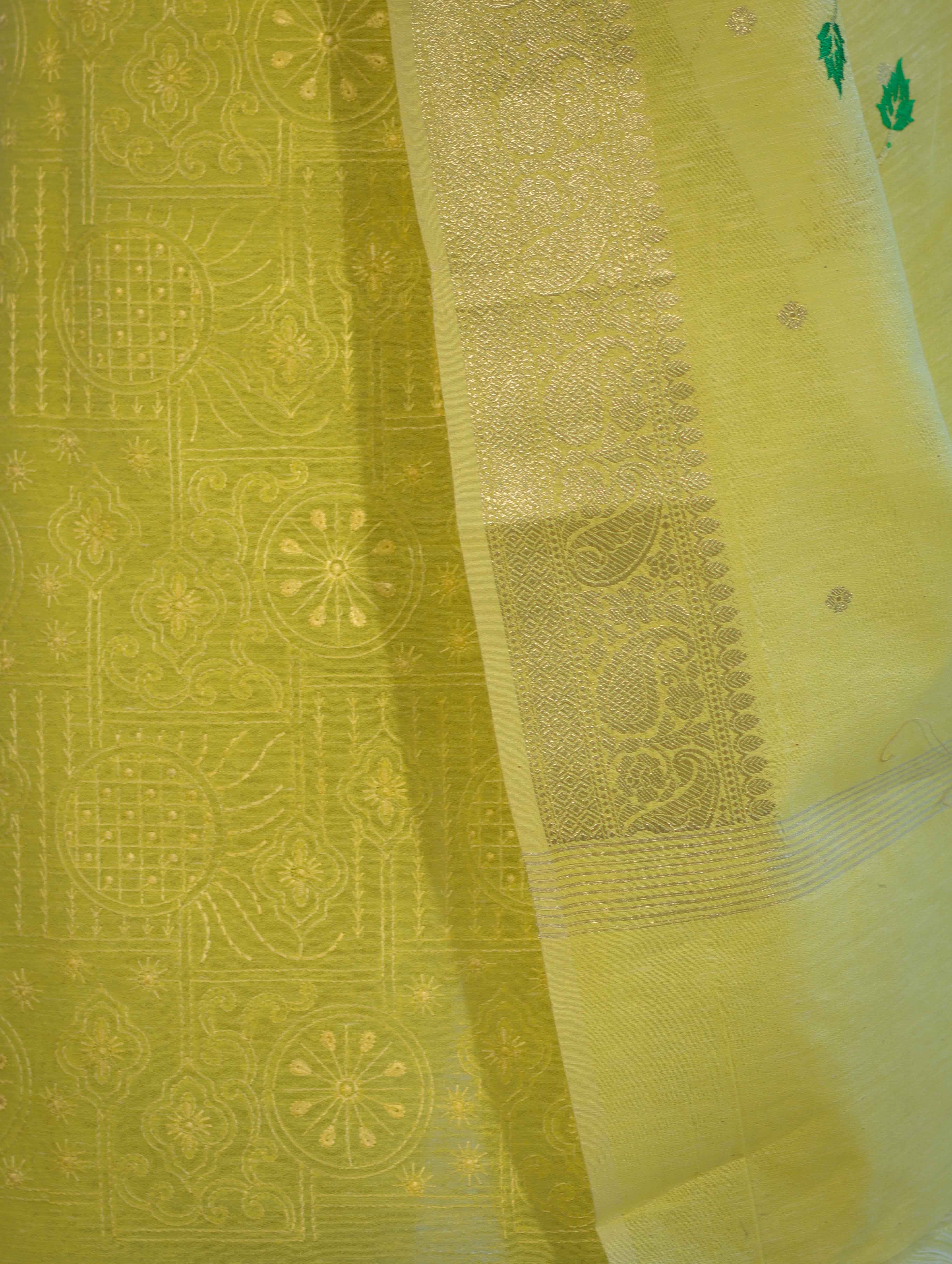 Banarasee Embroidered Linen Cotton Salwar Kameez Fabric With Dupatta Set-Light Yellow
