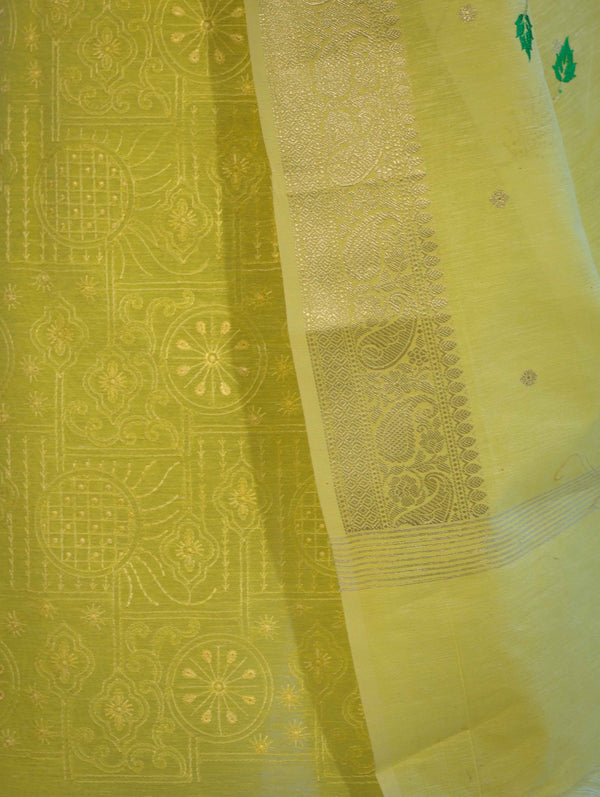 Banarasee Embroidered Linen Cotton Salwar Kameez Fabric With Dupatta Set-Light Yellow