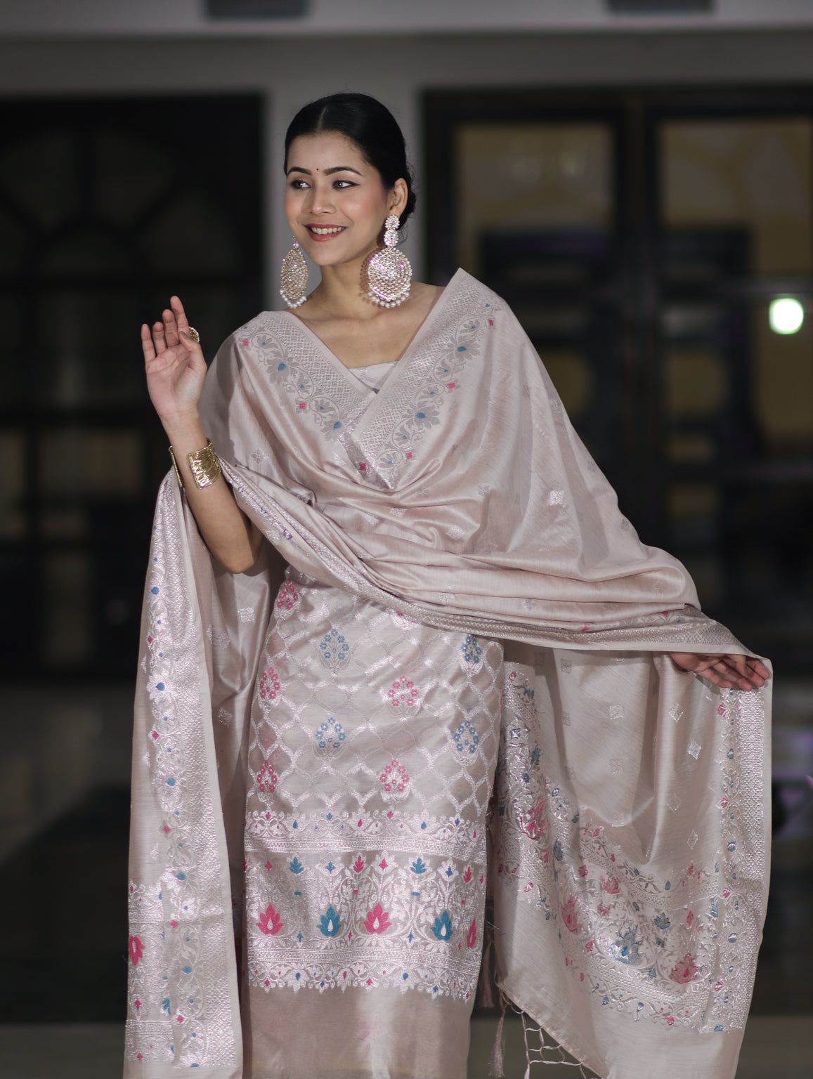 Banarasee Semi-Silk Silver Zari Work Salwar Kameez Fabric With Dupatta Set-Blush Pink