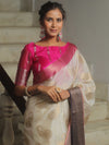 Banarasee Handwoven Semi Silk Saree With Zari Border-White