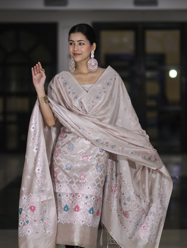 Banarasee Semi-Silk Silver Zari Work Salwar Kameez Fabric With Dupatta Set-Blush Pink