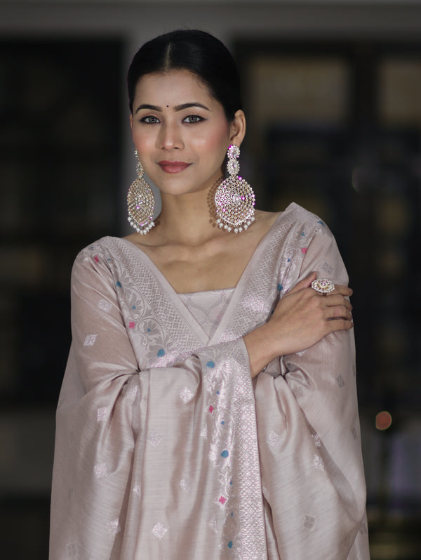 Banarasee Semi-Silk Silver Zari Work Salwar Kameez Fabric With Dupatta Set-Blush Pink