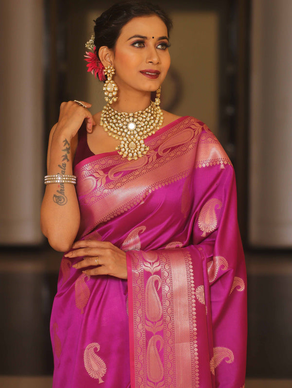 Banarasee Handwoven Dual Tone Semi Silk Saree With Zari Buti-Magenta