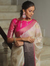 Banarasee Handwoven Semi Silk Saree With Zari Border-White