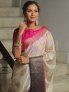 Banarasee Handwoven Semi Silk Saree With Zari Border-White