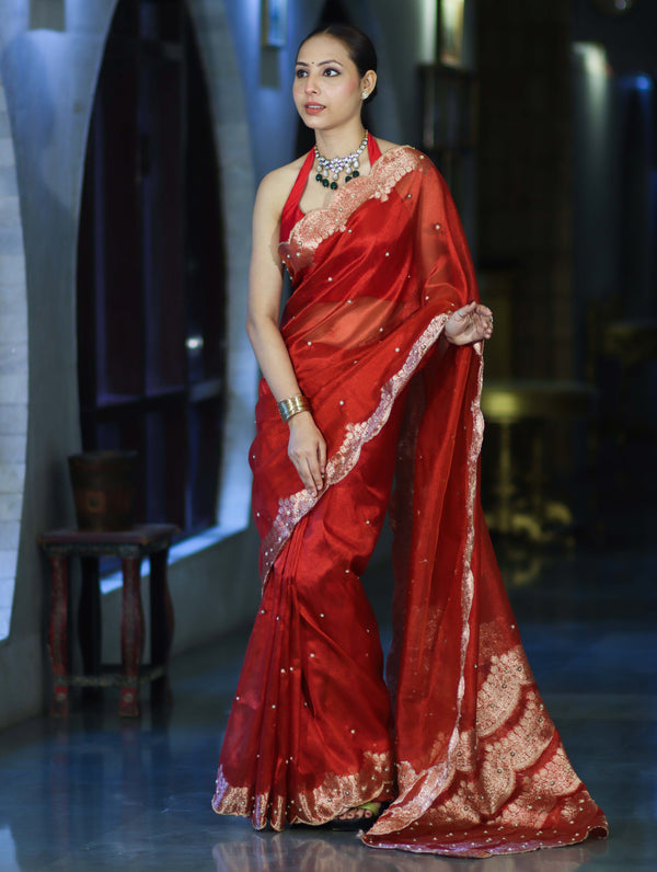 Banarasee Soft Tissue Saree With Handwork Pearl Motifs & Scallop Border-Red