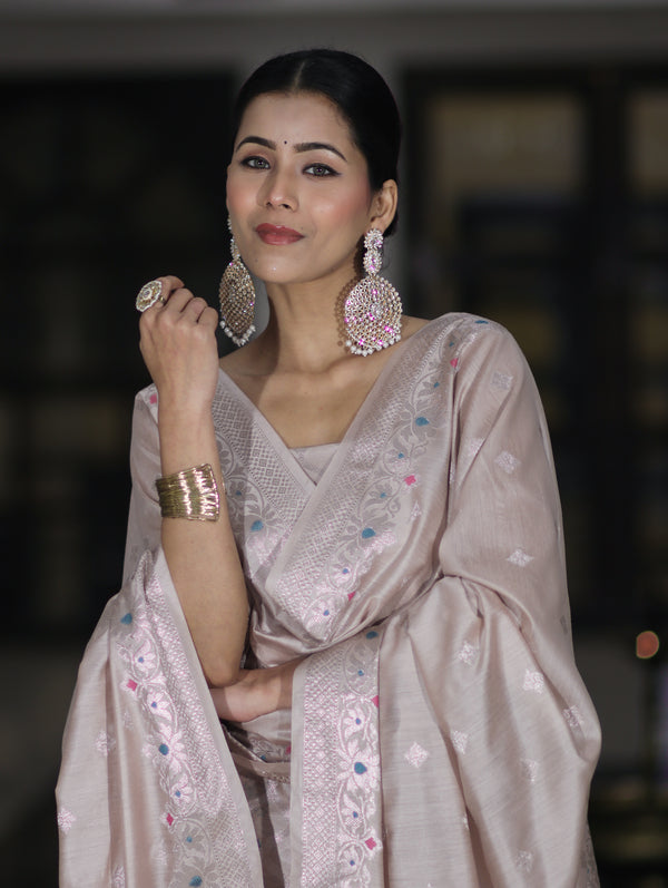 Banarasee Semi-Silk Silver Zari Work Salwar Kameez Fabric With Dupatta Set-Blush Pink