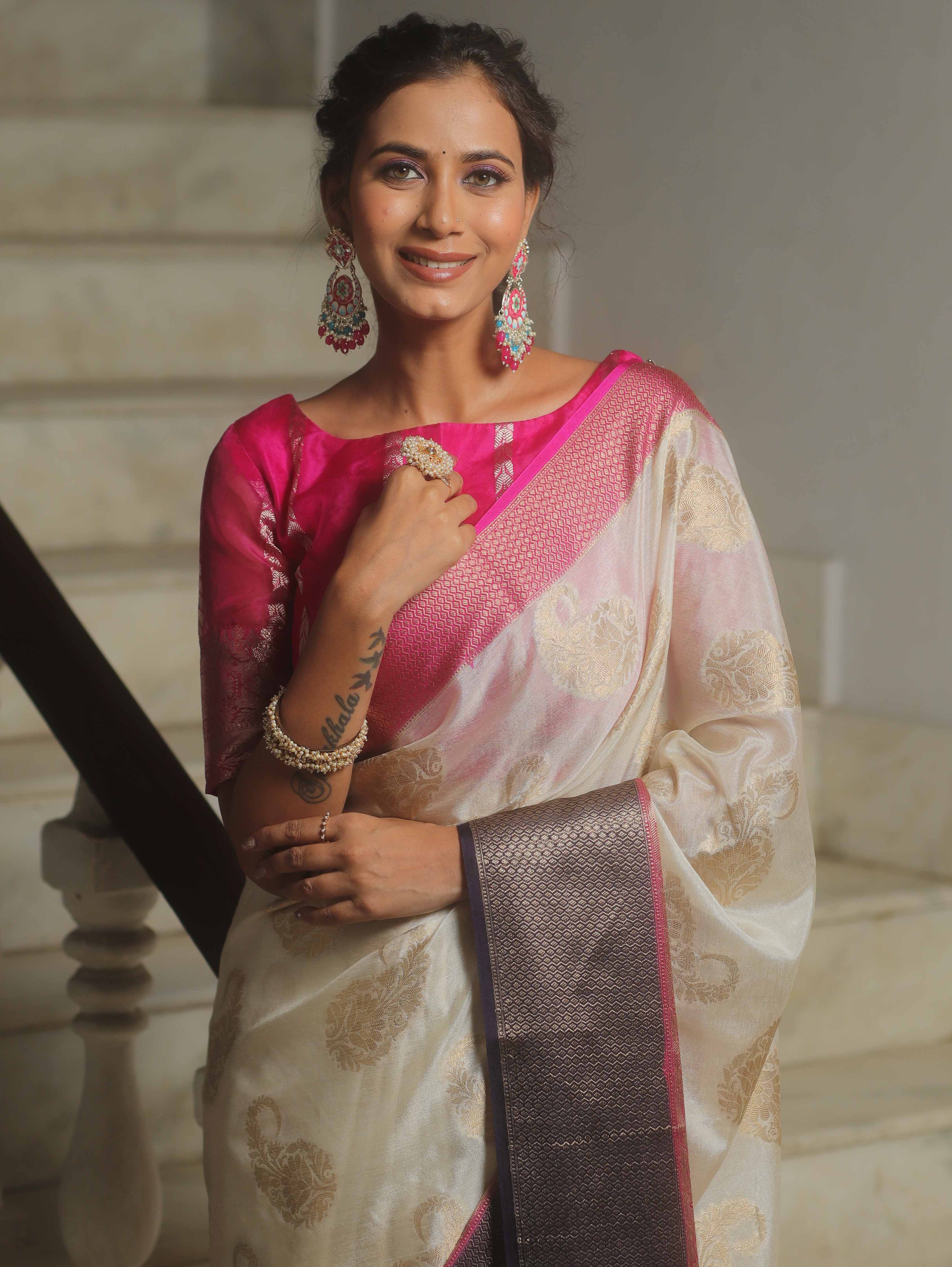 Banarasee Handwoven Semi Silk Saree With Zari Border-White