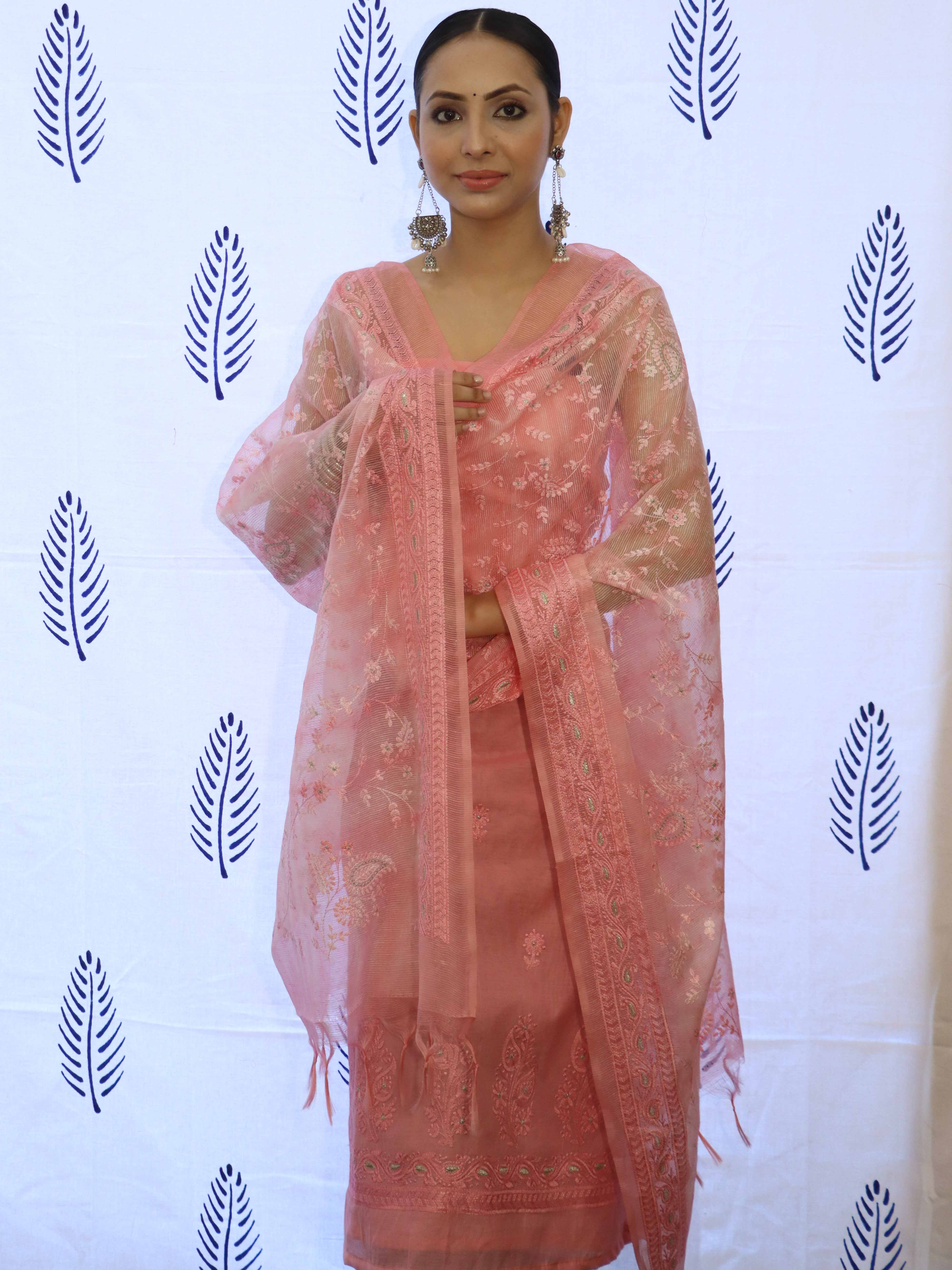 Banarasee Embroidered Chanderi Salwar Kameez With Kota Check Dupatta Set-Pink