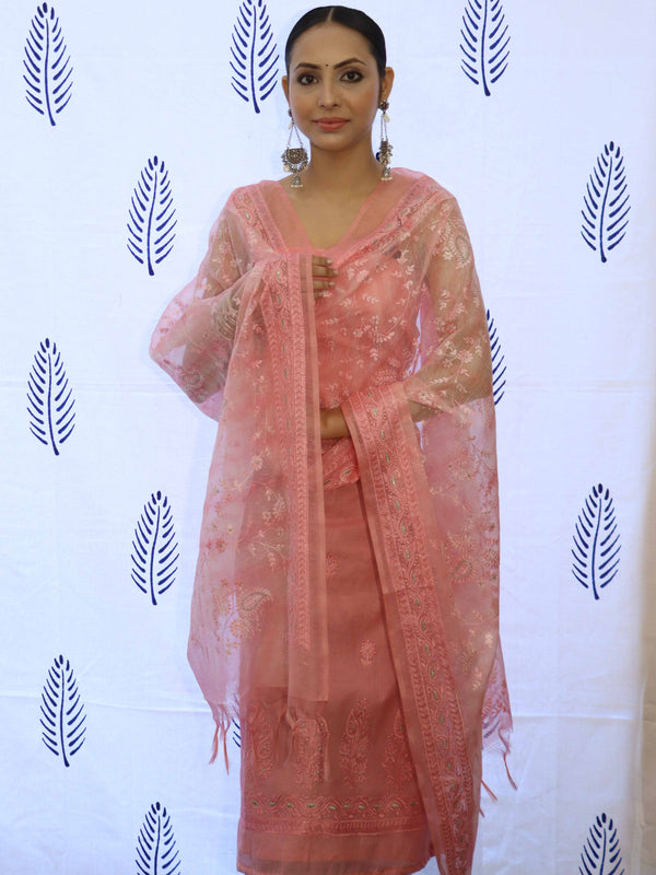 Banarasee Embroidered Chanderi Salwar Kameez With Kota Check Dupatta Set-Pink