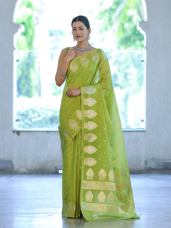 Banarasee Handloom Semi Silk Saree With Sona Rupa Zari Buti Design & Border-Light Green