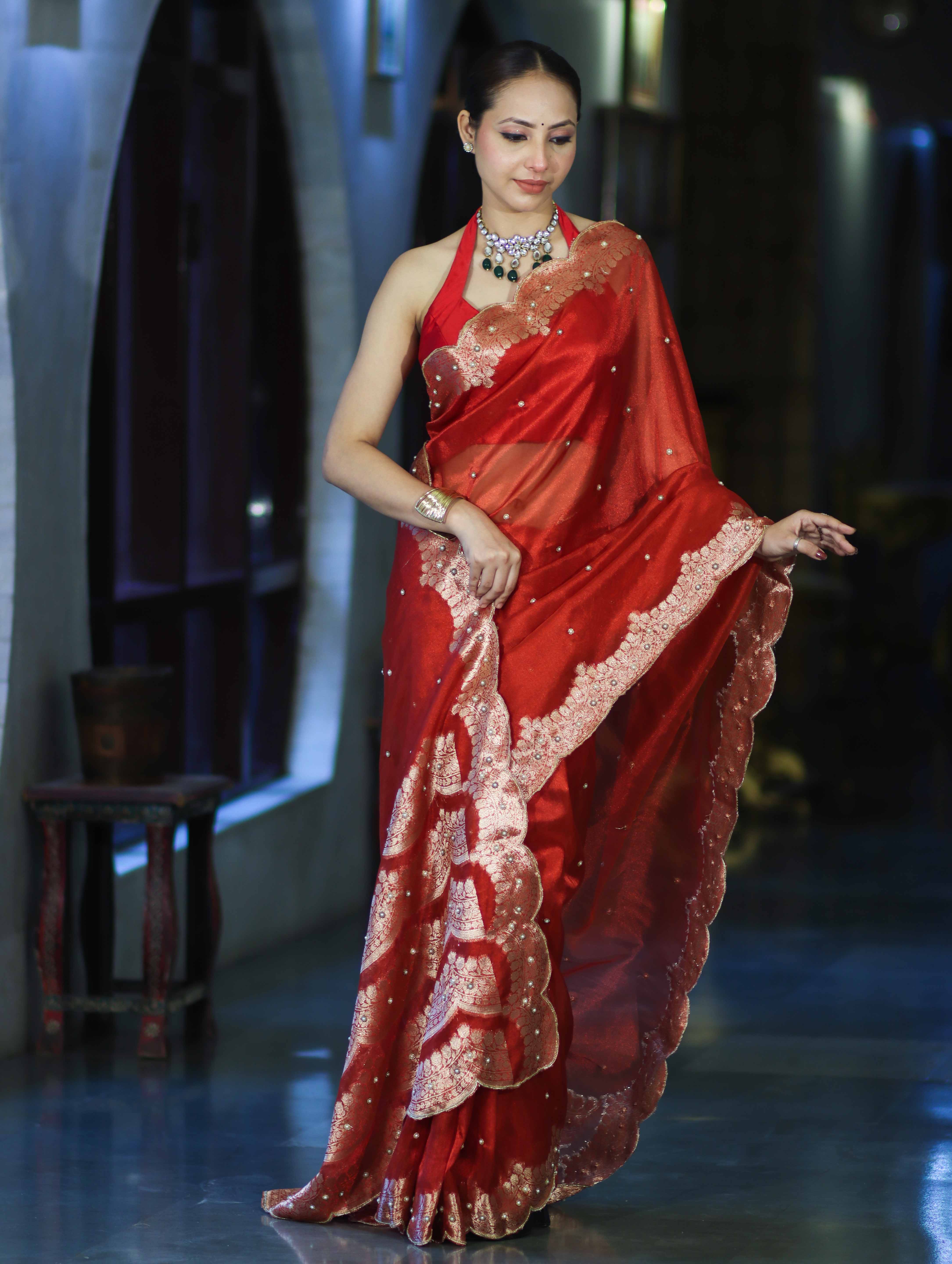 Banarasee Soft Tissue Saree With Handwork Pearl Motifs & Scallop Border-Red