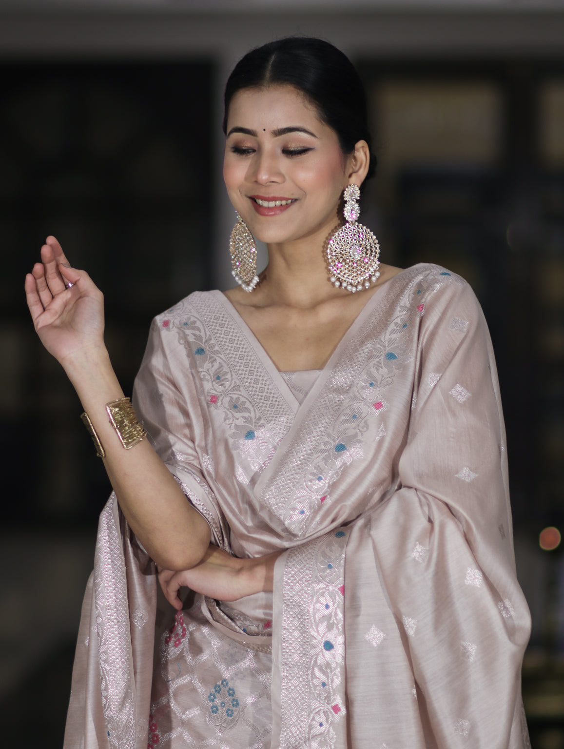 Banarasee Semi-Silk Silver Zari Work Salwar Kameez Fabric With Dupatta Set-Blush Pink