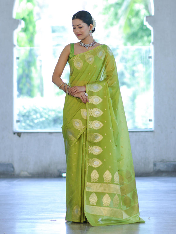 Banarasee Handloom Semi Silk Saree With Sona Rupa Zari Buti Design & Border-Light Green