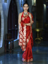 Banarasee Soft Tissue Saree With Handwork Pearl Motifs & Scallop Border-Red