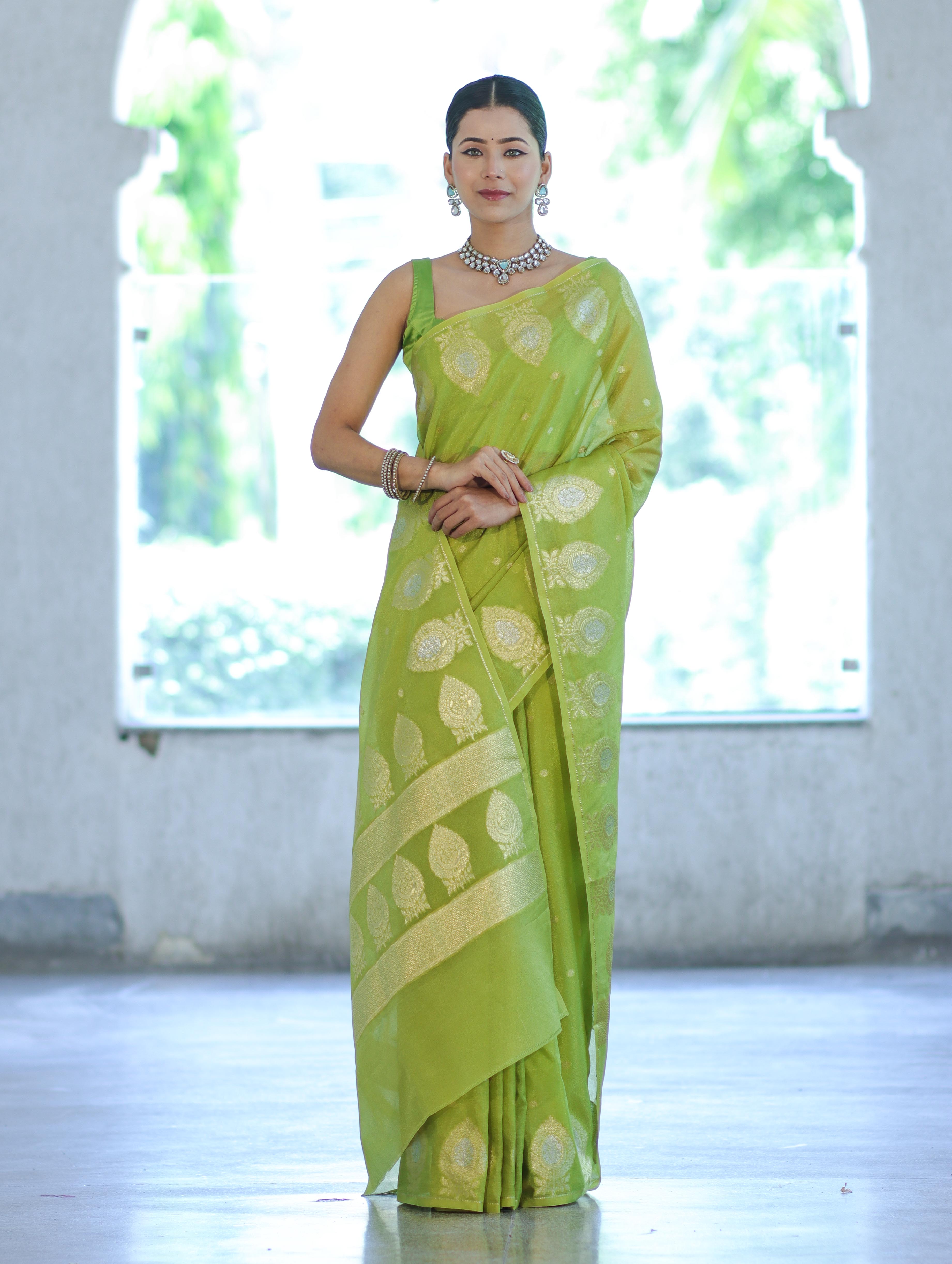 Banarasee Handloom Semi Silk Saree With Sona Rupa Zari Buti Design & Border-Light Green