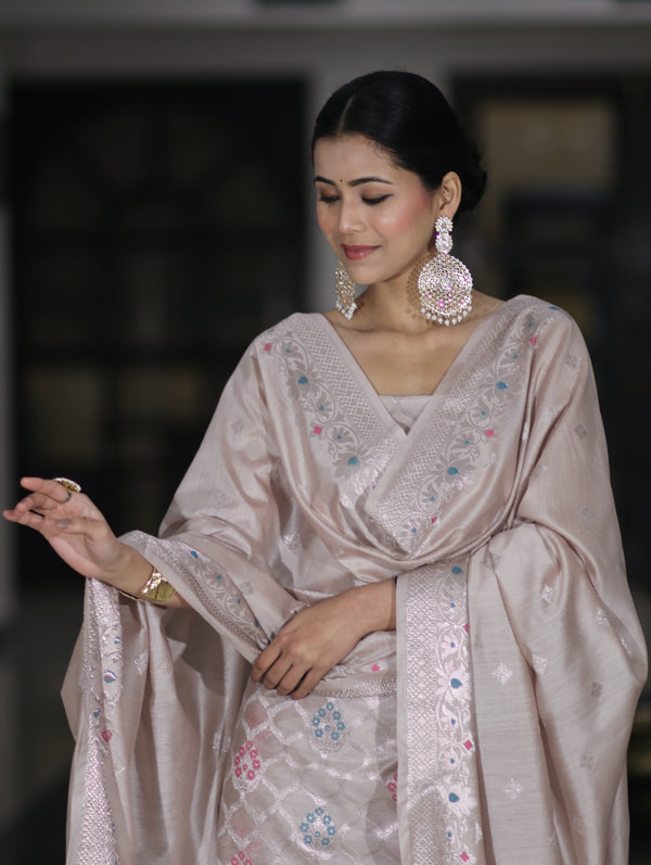 Banarasee Semi-Silk Silver Zari Work Salwar Kameez Fabric With Dupatta Set-Blush Pink
