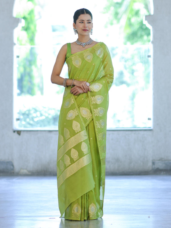 Banarasee Handloom Semi Silk Saree With Sona Rupa Zari Buti Design & Border-Light Green