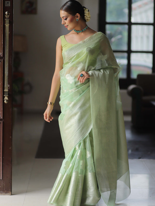 Banarasee Organza Mix Saree With Silver Zari-Green