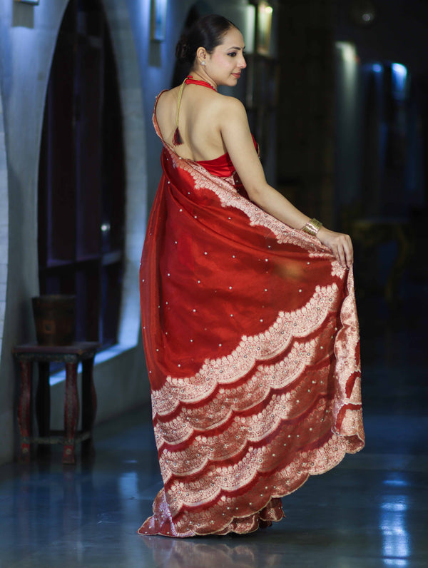 Banarasee Soft Tissue Saree With Handwork Pearl Motifs & Scallop Border-Red