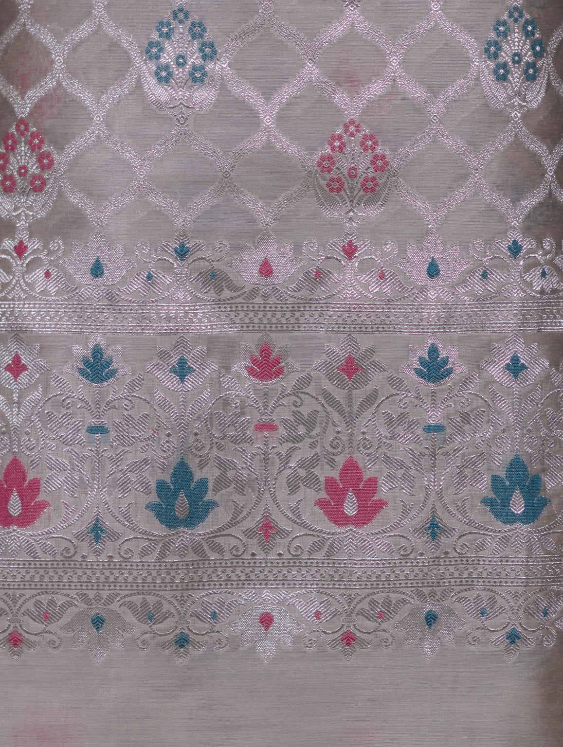 Banarasee Semi-Silk Silver Zari Work Salwar Kameez Fabric With Dupatta Set-Blush Pink
