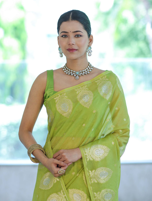 Banarasee Handloom Semi Silk Saree With Sona Rupa Zari Buti Design & Border-Light Green