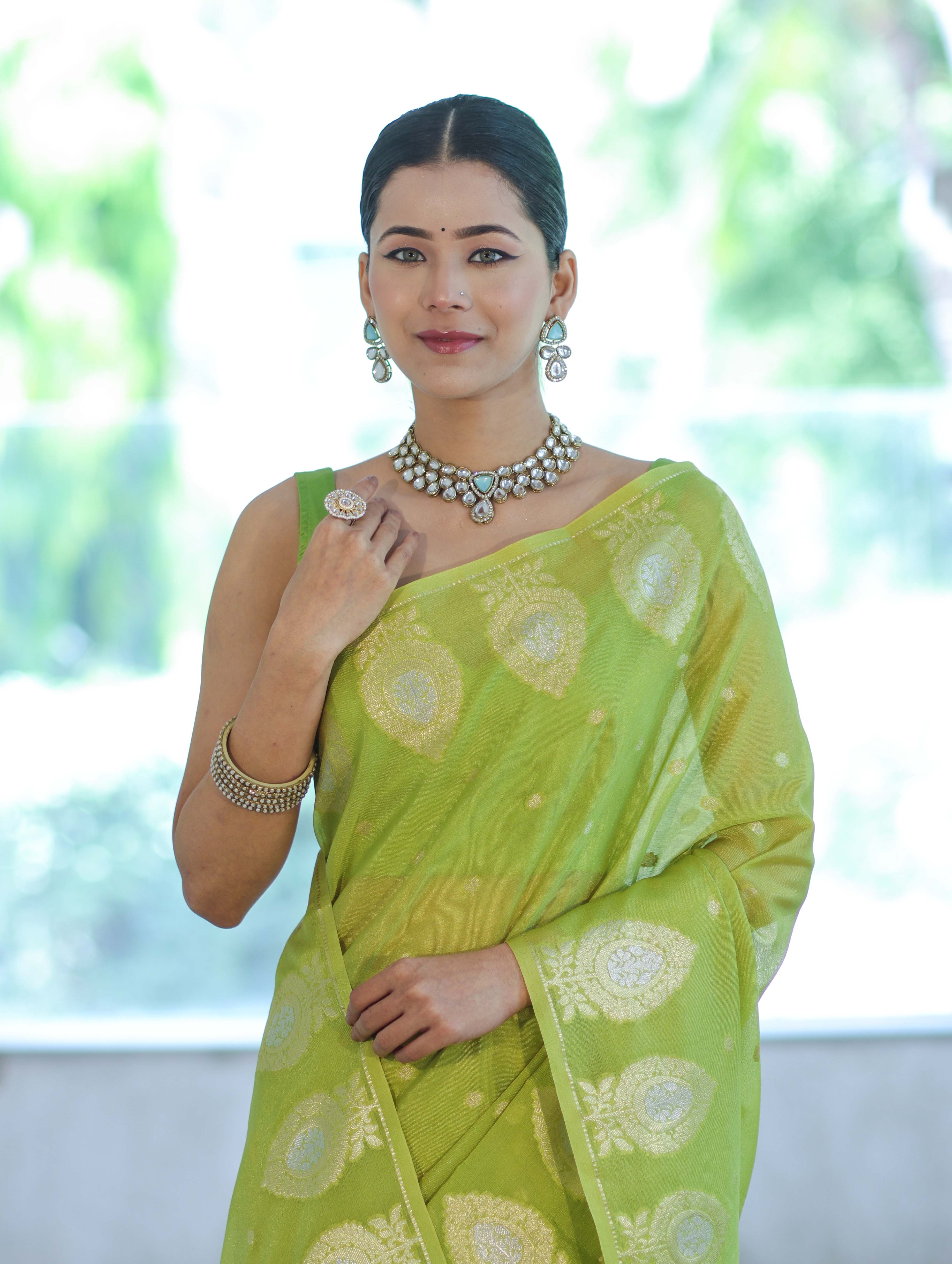Banarasee Handloom Semi Silk Saree With Sona Rupa Zari Buti Design & Border-Light Green