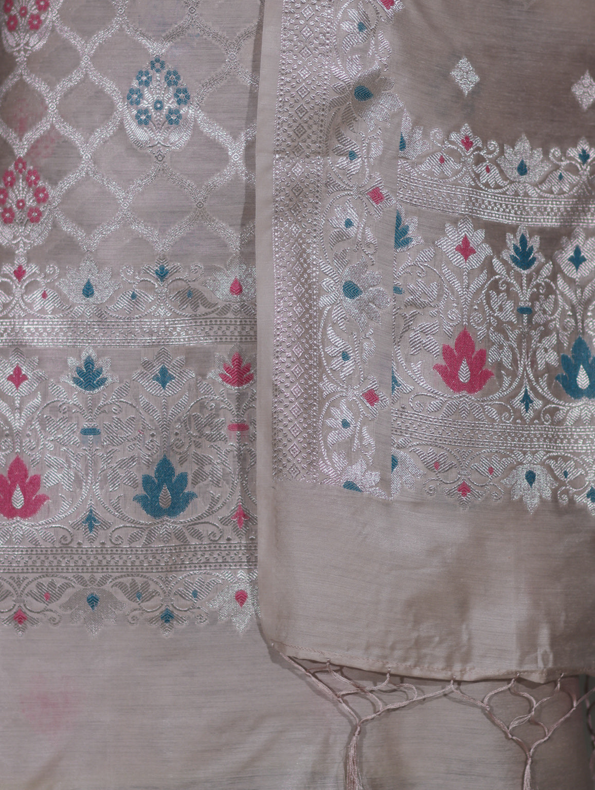 Banarasee Semi-Silk Silver Zari Work Salwar Kameez Fabric With Dupatta Set-Blush Pink