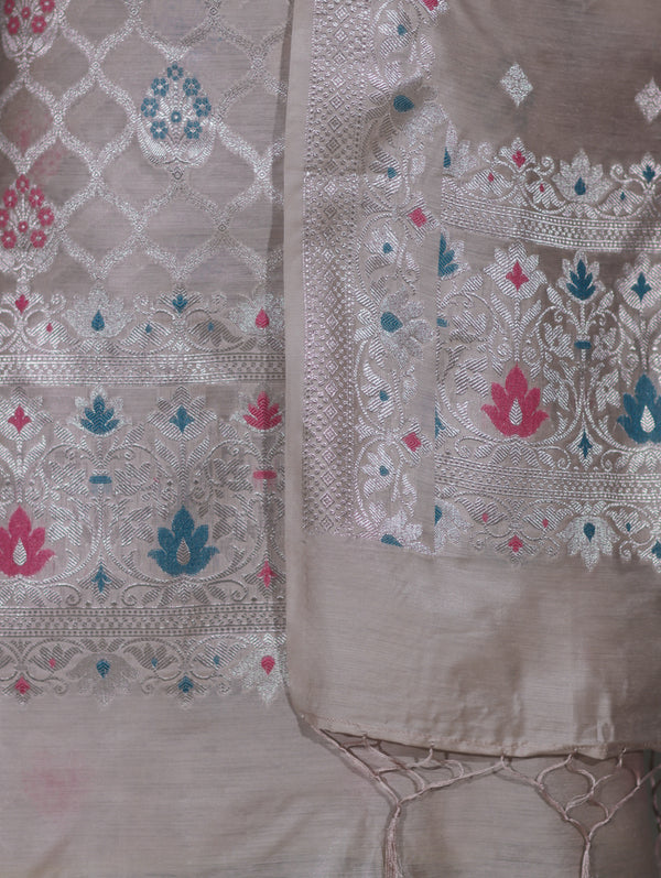 Banarasee Semi-Silk Silver Zari Work Salwar Kameez Fabric With Dupatta Set-Blush Pink