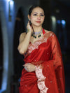 Banarasee Soft Tissue Saree With Handwork Pearl Motifs & Scallop Border-Red